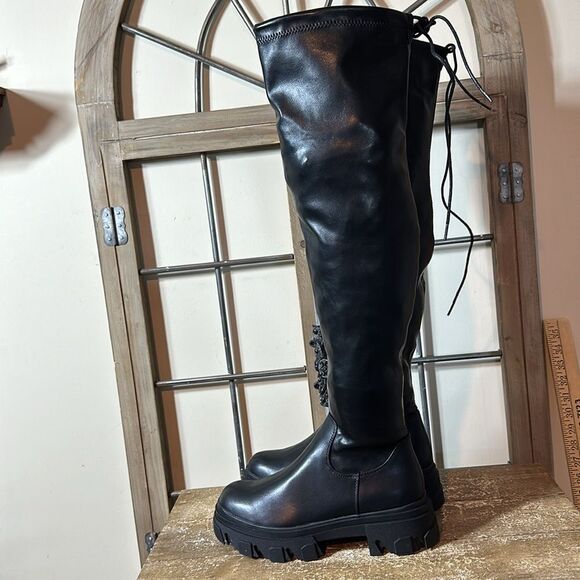 Black thigh, high combat boots size 8 1/2 new - Picture 2 of 7